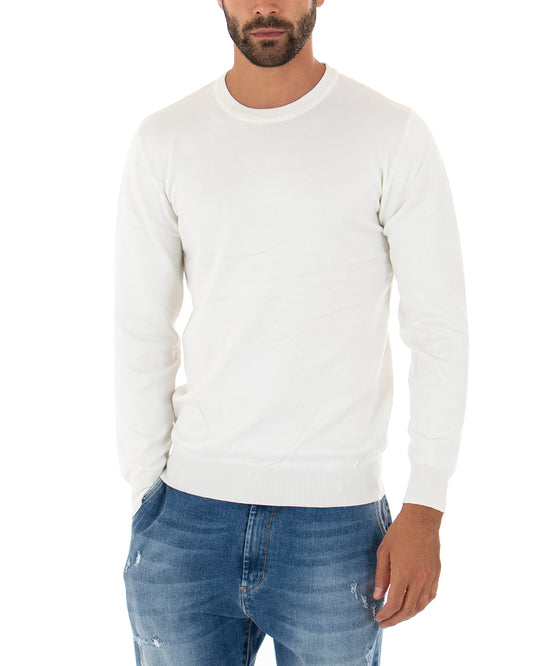 Maglioncino Uomo Maglia Girocollo Rasata Morbida Basic Casual Tinta Unita Bianco M2506A