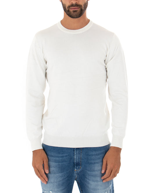 Maglioncino Uomo Maglia Girocollo Rasata Morbida Basic Casual Tinta Unita Bianco M2506A