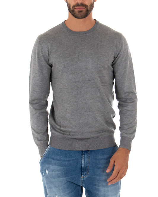 Maglioncino Uomo Maglia Girocollo Rasata Morbida Basic Casual Tinta Unita Grigio Chiaro M2507A