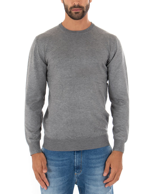 Maglioncino Uomo Maglia Girocollo Rasata Morbida Basic Casual Tinta Unita Grigio Chiaro M2507A