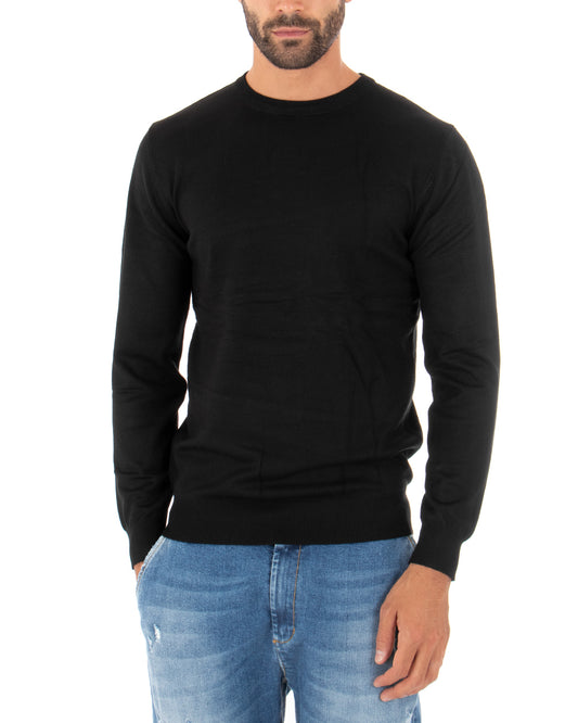 Maglioncino Uomo Maglia Girocollo Rasata Morbida Basic Casual Tinta Unita Nero M2508A