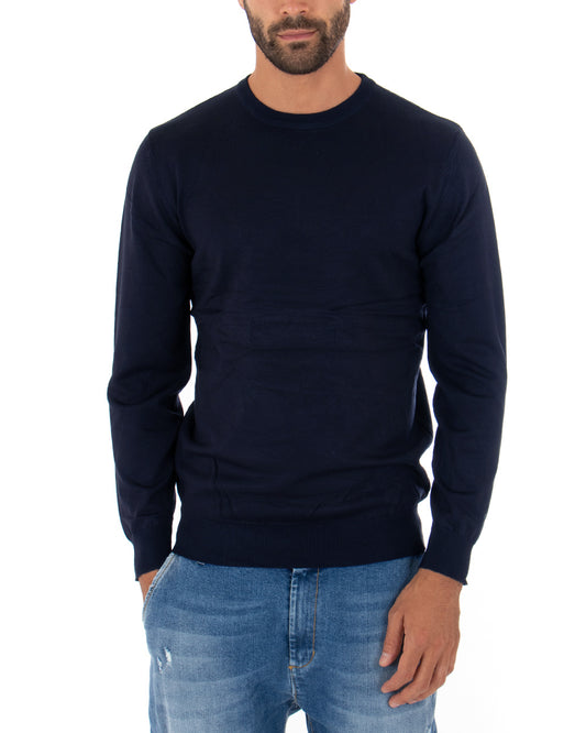 Maglioncino Uomo Maglia Girocollo Rasata Morbida Basic Casual Tinta Unita Blu M2509A