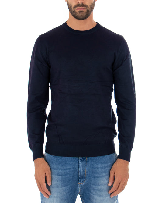 Maglioncino Uomo Maglia Girocollo Rasata Morbida Basic Casual Tinta Unita Blu M2509A