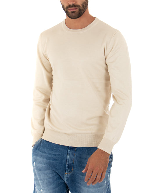 Maglioncino Uomo Maglia Girocollo Rasata Morbida Basic Casual Tinta Unita Beige M2512A