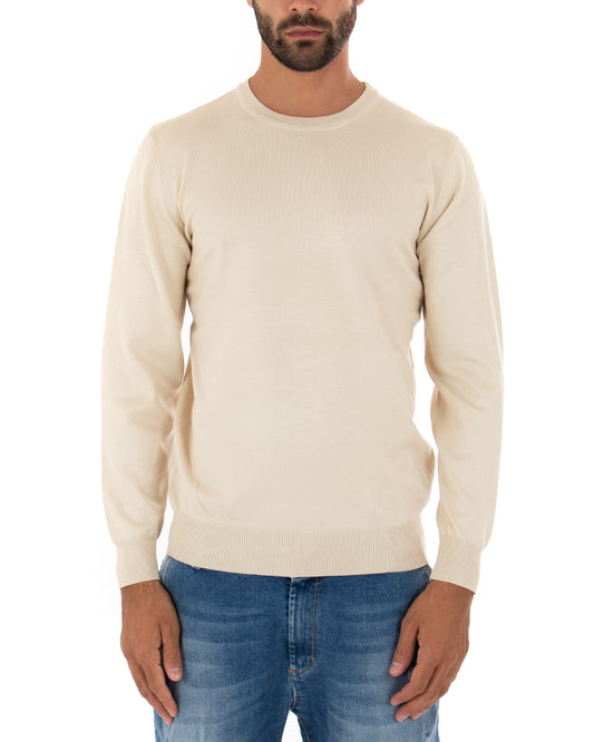 Maglioncino Uomo Maglia Girocollo Rasata Morbida Basic Casual Tinta Unita Beige M2512A