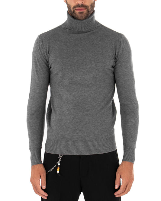 Maglioncino Uomo Collo Alto Maglia Rasata Morbida Dolcevita Sottogiacca Basic Tinta Unita Grigio Scuro M2533A