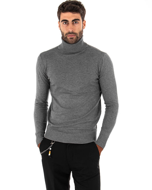Maglioncino Uomo Collo Alto Maglia Rasata Morbida Dolcevita Sottogiacca Basic Tinta Unita Grigio Scuro M2533A