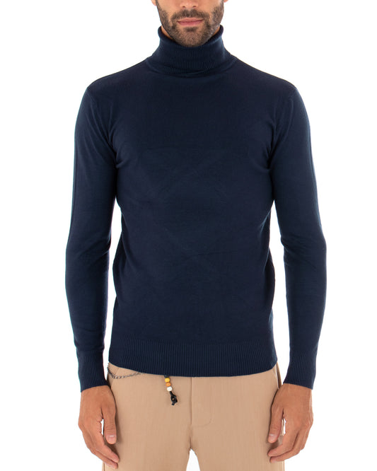 Maglioncino Uomo Collo Alto Maglia Basic Maniche Lunghe Tinta Unita Sottile Blu M2537
