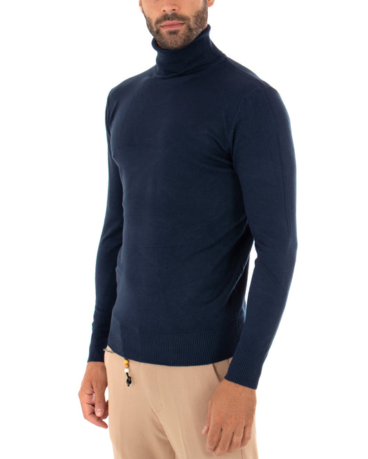 Maglioncino Uomo Collo Alto Maglia Basic Maniche Lunghe Tinta Unita Sottile Blu M2537