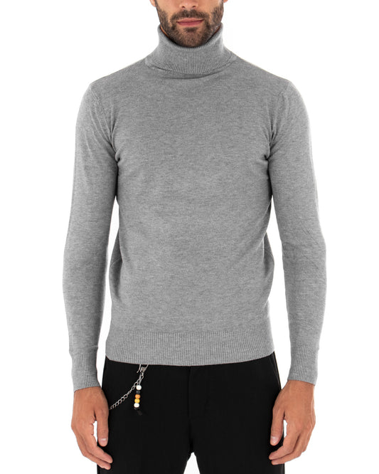 Maglioncino Uomo Collo Alto Maglia Rasata Morbida Dolcevita Sottogiacca Basic Tinta Unita Grigio Chiaro M2539A