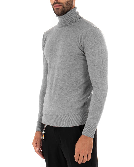 Maglioncino Uomo Collo Alto Maglia Rasata Morbida Dolcevita Sottogiacca Basic Tinta Unita Grigio Chiaro M2539A