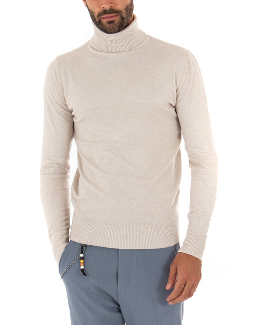 Maglioncino Uomo Collo Alto Maglia Rasata Morbida Dolcevita Sottogiacca Basic Tinta Unita Beige Melangiato M2542A