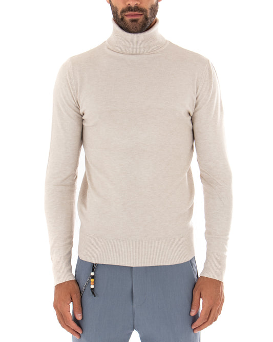Maglioncino Uomo Collo Alto Maglia Rasata Morbida Dolcevita Sottogiacca Basic Tinta Unita Beige Melangiato M2542A