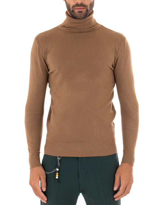 Maglioncino Uomo Collo Alto Maglia Basic Maniche Lunghe Tinta Unita Sottile Camel M2543