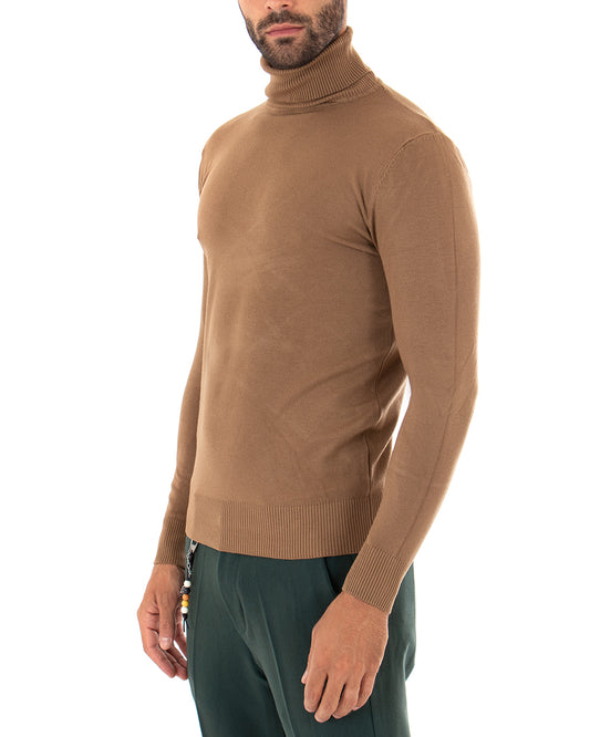 Maglioncino Uomo Collo Alto Maglia Basic Maniche Lunghe Tinta Unita Sottile Camel M2543