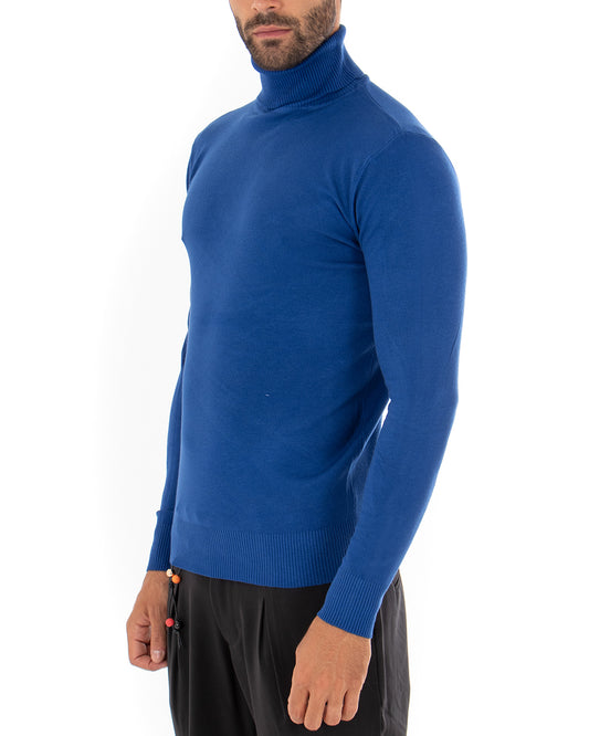 Maglioncino Uomo Collo Alto Maglia Basic Maniche Lunghe Tinta Unita Sottile Blu Royal M2547