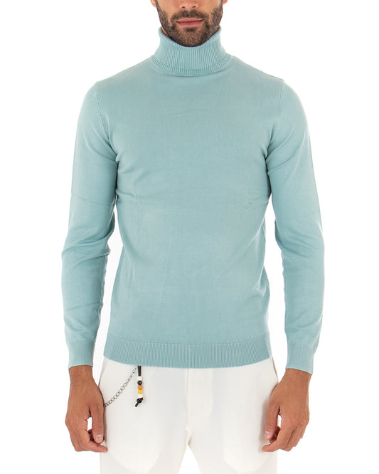 Maglioncino Uomo Collo Alto Maglia Basic Maniche Lunghe Tinta Unita Sottile Verde Acqua M2553