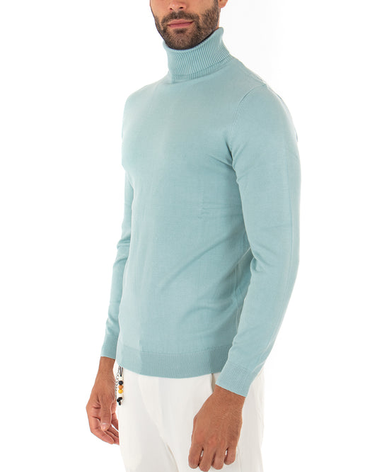 Maglioncino Uomo Collo Alto Maglia Basic Maniche Lunghe Tinta Unita Sottile Verde Acqua M2553