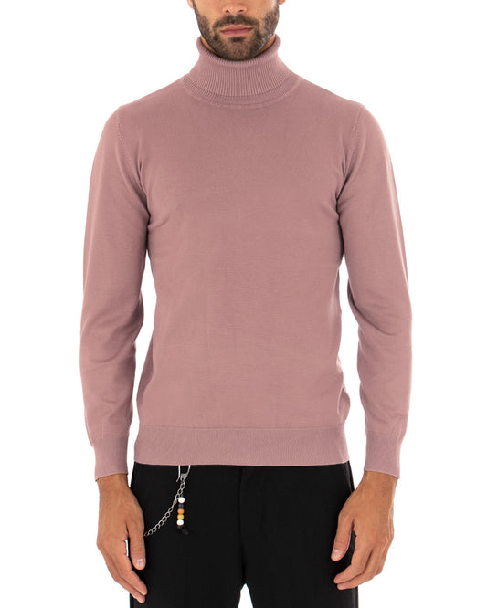 Maglioncino Uomo Collo Alto Maglia Basic Maniche Lunghe Tinta Unita Sottile Rosa M2557