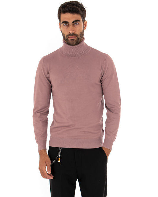 Maglioncino Uomo Collo Alto Maglia Basic Maniche Lunghe Tinta Unita Sottile Rosa M2557