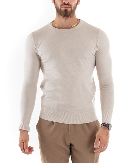 Maglioncino Uomo Maglia Girocollo Rasata Morbida Basic Casual Tinta Unita Beige Melangiato M2571A