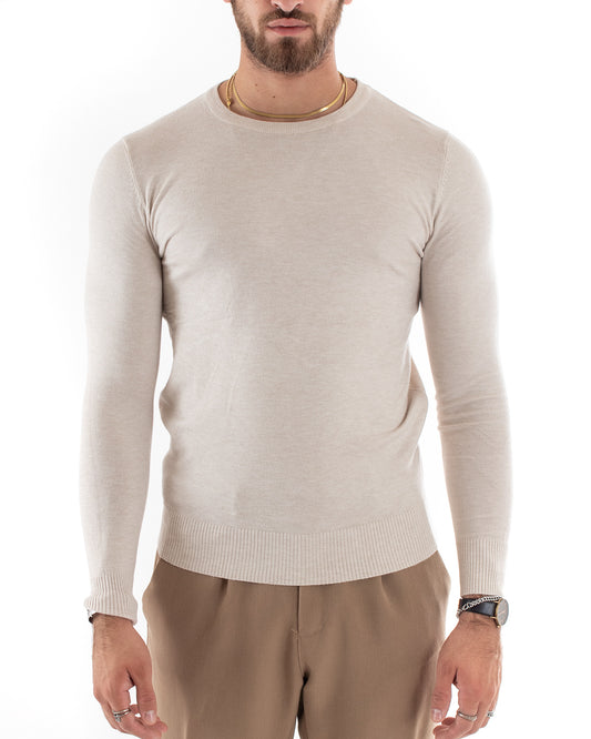 Maglioncino Uomo Maglia Girocollo Rasata Morbida Basic Casual Tinta Unita Beige Melangiato M2571A