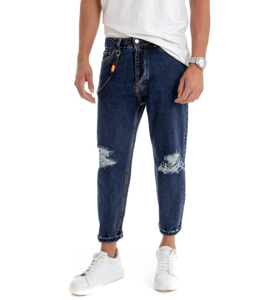 Pantalone Uomo Jeans Rottura Ginocchio Denim Scuro P3019