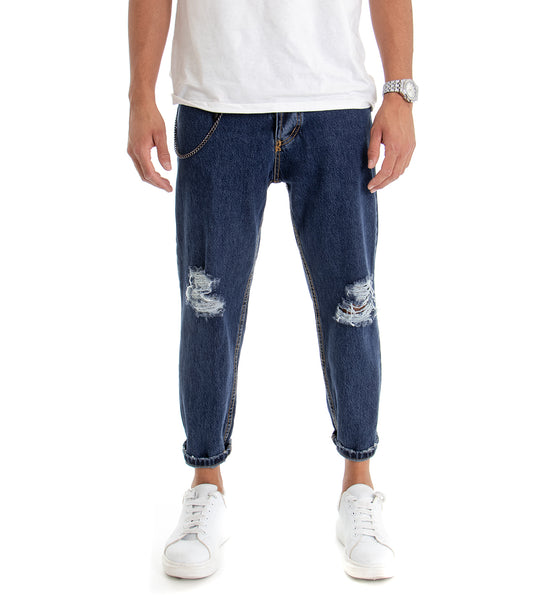 Pantalone Uomo Jeans Rottura Ginocchio Denim Scuro P3019