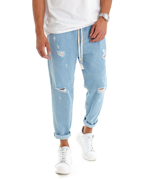 Pantaloni Uomo Jeans Denim Chiaro Rotture Loose Fit Coulisse Pantalaccio P3021