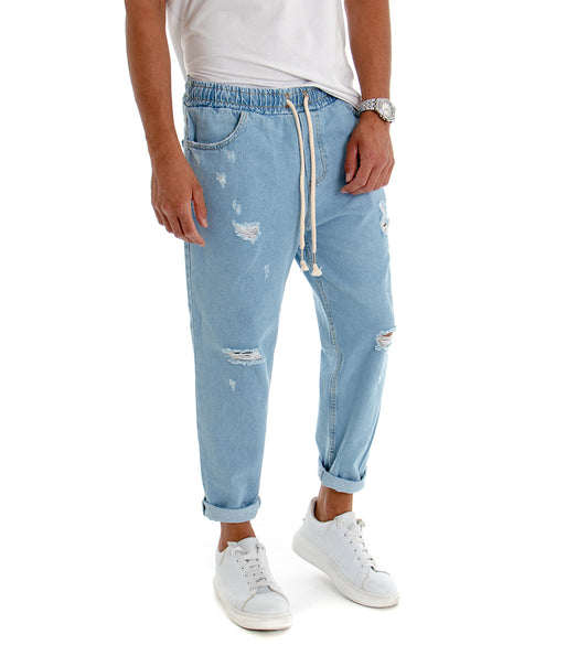 Pantaloni Uomo Jeans Denim Chiaro Rotture Loose Fit Coulisse Pantalaccio P3021