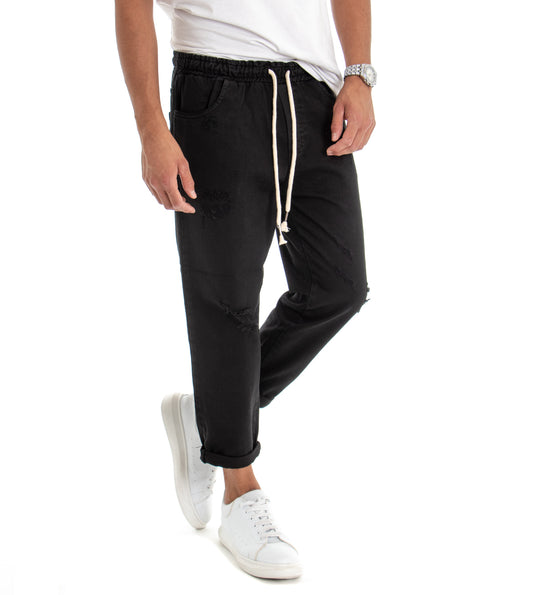 Pantaloni Jeans Uomo Regular Fit Nero Pantalaccio Bull Con Rotture Casual P3028