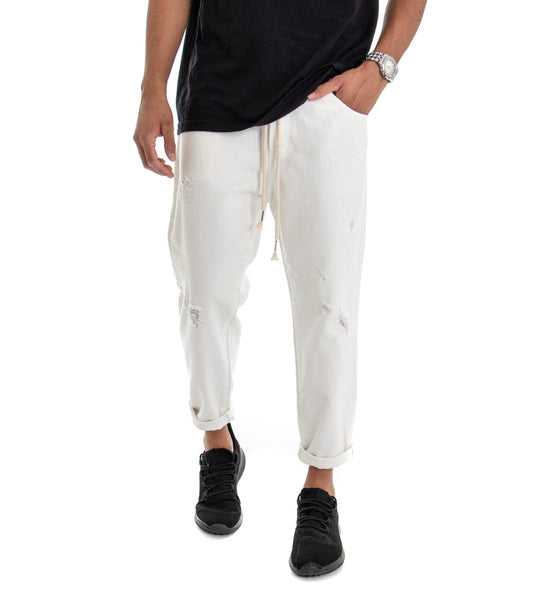 Pantaloni Jeans Uomo Regular Fit Bianco Pantalaccio Bull Con Rotture Casual  P3037