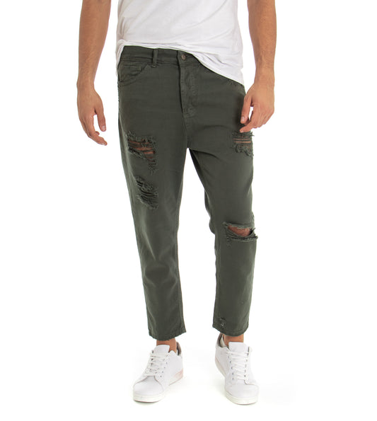 Pantaloni Uomo Jeans Tinta Unita Verde Rotture P3281