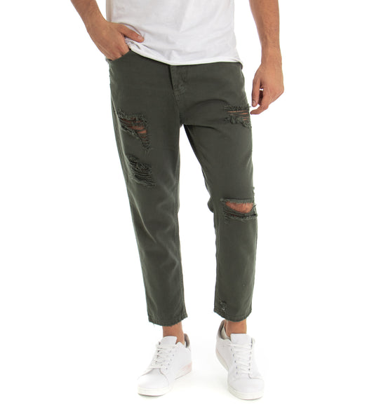 Pantaloni Uomo Jeans Tinta Unita Verde Rotture P3281