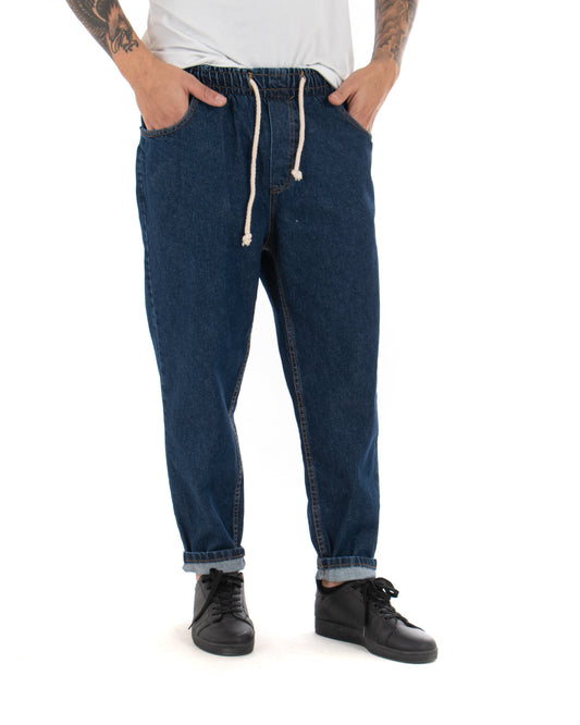Pantalone Uomo Lungo Jeans Denim Scuro Coulisse P4082