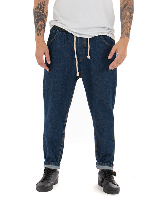 Pantalone Uomo Lungo Jeans Denim Scuro Coulisse P4082