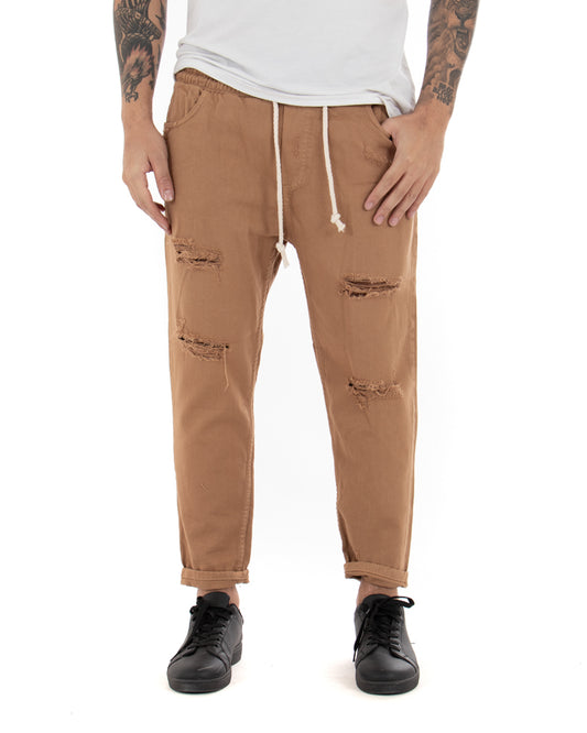 Pantaloni Uomo Jeans Con Coulisse Tinta Unita Camel P4097