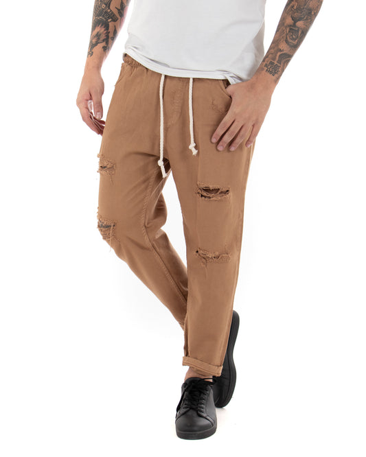 Pantaloni Uomo Jeans Con Coulisse Tinta Unita Camel P4097