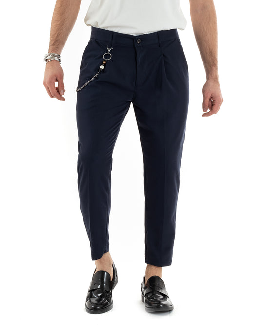 Pantaloni Uomo Tasca America Viscosa Capri Casual Classico Pinces Blu P5611
