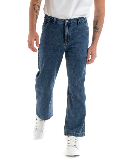 Pantaloni Jeans Uomo Wide Leg Denim Basic Cinque Tasche Casual P5729