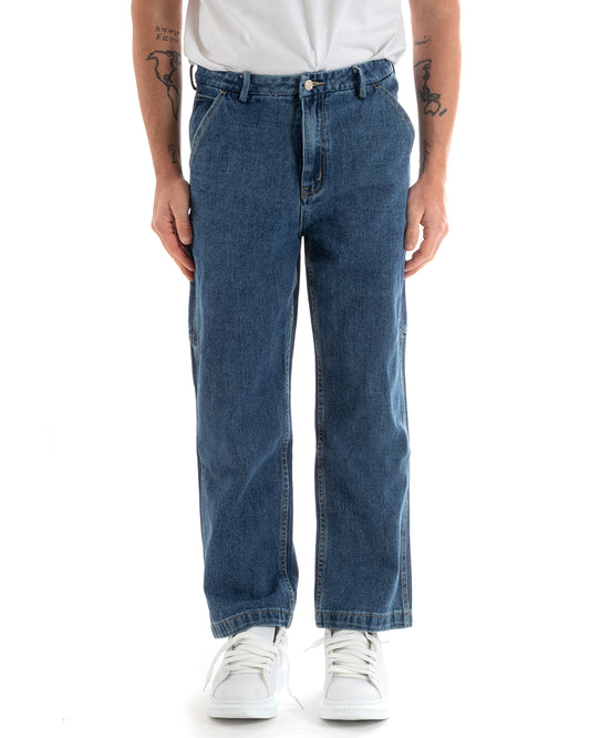 Pantaloni Jeans Uomo Wide Leg Denim Basic Cinque Tasche Casual P5729