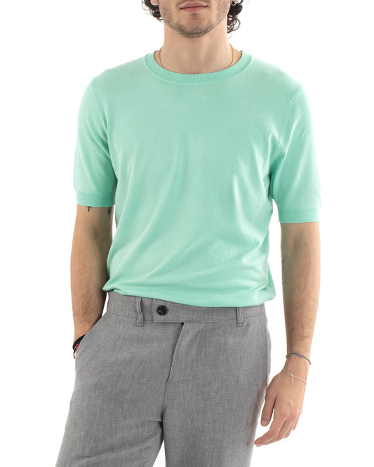 T-Shirt Uomo Tinta Unita Girocollo Filo Basic Maniche Corte Maglia Verde Acqua  TS2780