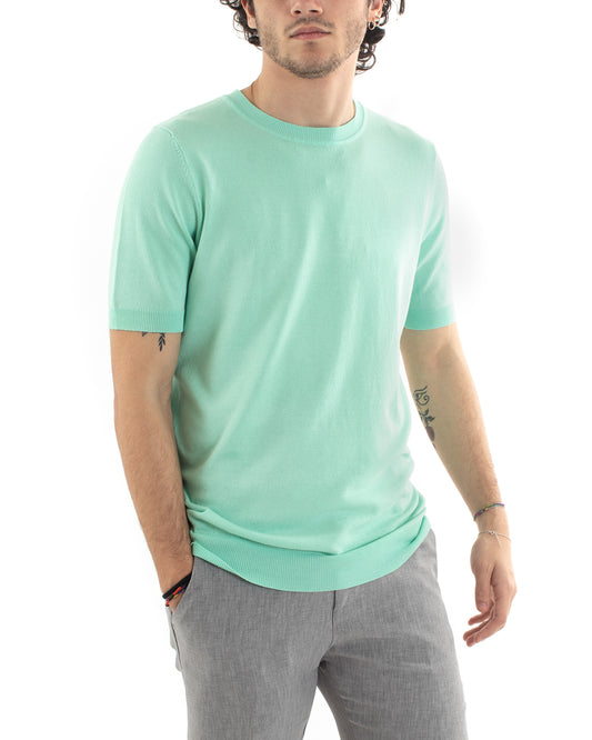 T-Shirt Uomo Tinta Unita Girocollo Filo Basic Maniche Corte Maglia Verde Acqua  TS2780