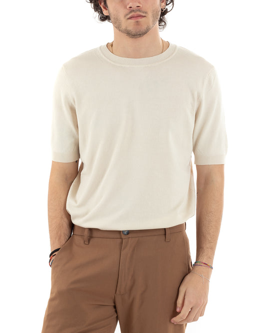 T-Shirt Uomo Tinta Unita Girocollo Filo Basic Maniche Corte Maglia Beige TS2786