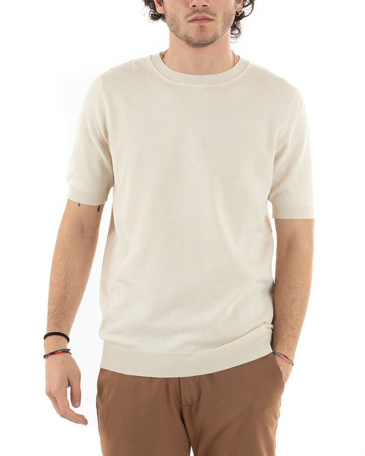 T-Shirt Uomo Tinta Unita Girocollo Filo Basic Maniche Corte Maglia Beige TS2786