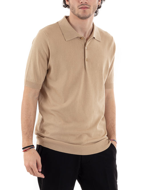 Polo Uomo In Filo T-Shirt Manica Corta Tinta Unita Sabbia TS2791